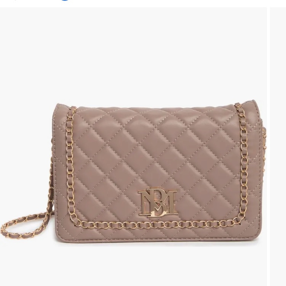 Badgley Mischka Taupe Diamond Crossbody Bag with Braided Chain